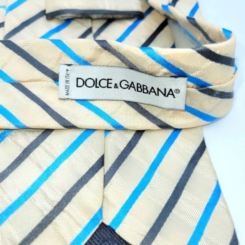DOLCE & GABBANA Vintage SilK Cream Shimmery and Turquoise Stripped Tie
